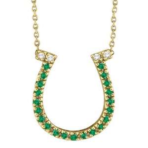 Emerald and Diamond Horseshoe Pendant Necklace 14k Yellow Gold (0.25ct 