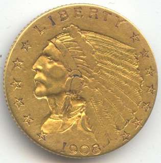 1908 $2.50 Gold Indian Head, Decent VF  