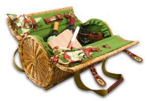 Verona Willow Wine & Picnic Basket for 2 Round Double Lid Green Picnic 