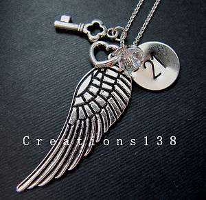   21st Birthday Gifts Angel Wing Heart Key Crystal Charm Necklace  