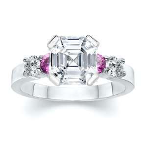  3.77 ct Asscher Diamond W Round Pink Sapphire Ring 18K 