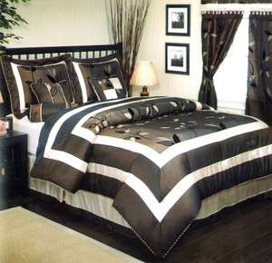 Black 7pcs Floral Satin Bed In A Bag Comforter Set King  