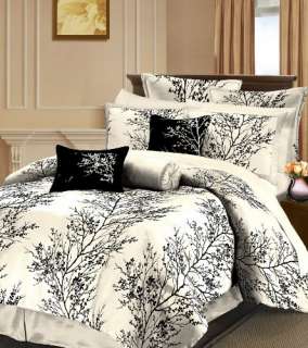 8pcs Reversible Ivory Black Tree Branches Bed in a Bag Comforter Set 