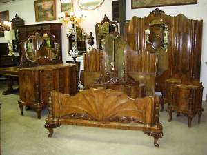   Country French Burl Walnut Six Piece Bedroom Set fits Queen Bed  