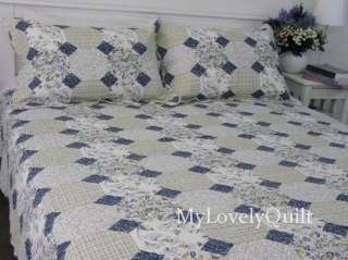Blue Buttery Yellow Quilted BEDSPREAD Quilt 3pc Set KING / QUEEN 