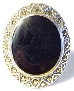 Onyx & Marcasite Sterling Silver Ladies Ring ~ Size 9  