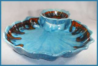   POTTERY CHIPS AND DIP PLATE MAURICE OF CALIFORNIA BLUE BROWN  