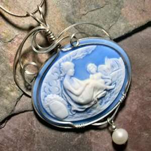 Woman & Child with Pearl Cameo Pendant Necklace in Sterling Silver 