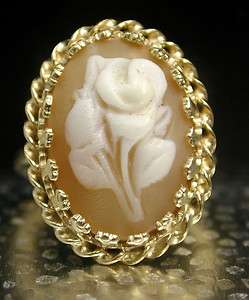   CAMEO SHELL Ring FLOWER 14KT YELLOW GOLD FILIGREE OVAL Cameo RING