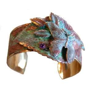   Verdigris Patina Solid Brass Butterfly on Leaf Cuff Bracelet Jewelry