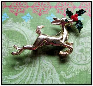 Vintage Christmas Deer w Holly Enamel Gold Pin  