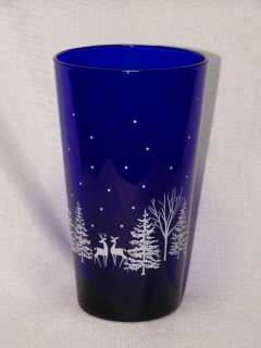  Glass 4 Christmas 17oz. Cobalt Blue Woodland Snow Tumblers Glasses 