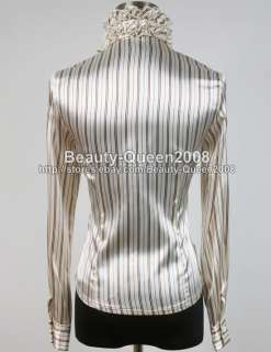 NWT Ruffle Collar Shirt Stripe Blouse TUXEDO Coffee/Blk  