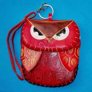 Leather Handmade Wristlet Wallet Coin Purse Owl Handbag  