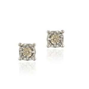   Sterling Silver 1/8ct Champagne Diamond Round Stud Earrings Jewelry