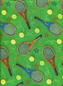 TENNIS RACKETS BALLS & STARS GREEN~Cotton Quilt Fabric  