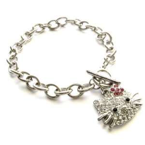  Kitty Diamante Crystal Charm Toggle Bracelet 7.5 