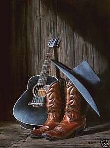 COUNTRY MUSIC,Painting,Poster,Guitar,Cowboy,boots,hat  