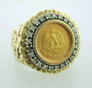 14k Nugget Mens Ring w Dos Pesos Coin & Diamond Bezel  