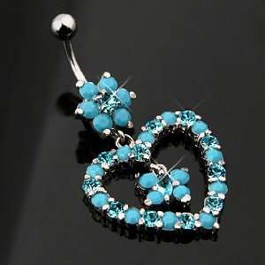Dangling Turquoise Belly Button Navel Ring Dangle with Heart Flower 