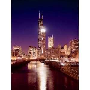 Skyline at night with Chicago River and  Tower, Chicago, Illinois 