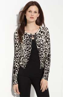 Tracy Reese Leather Tab Ocelot Print Cardigan  