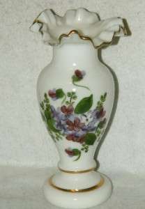   Cora Milk Glass HP Violets 10 Vases Ruffle Rim Violet Flower  