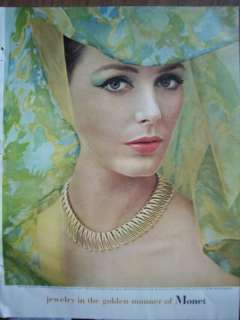 1964 Monet Jewelry Lady in Green Cape with Gold Necklace Ad  