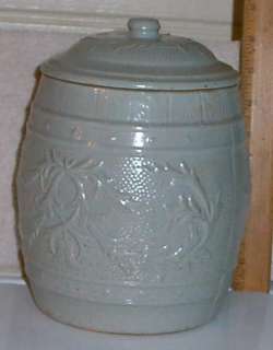 Great Ca. 1910 Blue Grey Stoneware Crackers Barrel Canister Jar w/Lid 
