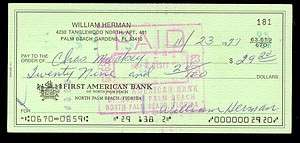 Billy Herman Signed CHECK Autographed Auto HOF  