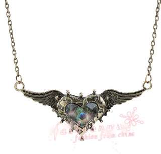 Nice Heart peacock Feather Rhinestone Angel Wing Necklace  