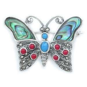   Mother of Pearl, Turquoise & Coral Gemstone Butterfly Brooch Jewelry