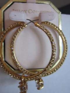 Juicy Couture Large Gold Tone Pave Hoop Earrings with Hanging Crystal 