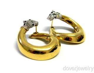   Italian Diamond 18K Gold Emerald Panther Large Hoop Earrings NR  