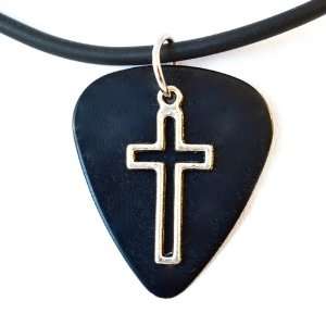 Guitar Pick Necklace with Open Cross Symbol Charm on Black Guitar Pick 