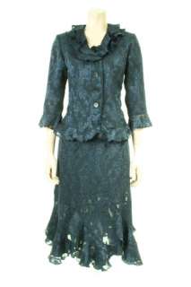   two piece lace skirt suit featuring a charming jacket with ruffled