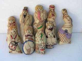 Cloth Pocket Doll Family of 9 embroidered Victorian Miniature Family 