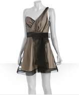 Allen Schwartz Prive tan and black swiss dot mesh one shoulder dress 