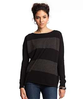 CeCe black stripe cashmere boxy boat neck sweater   