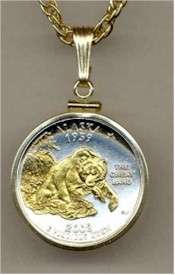 Gold on Silver Alaska Quarter Coin in Bezel Necklace  