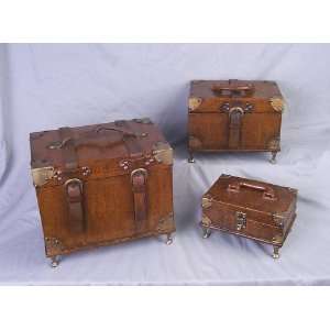  Set of 3 Footed Leather Boxes with Metal Accents and 