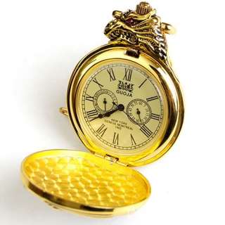 Hot Mens GemStone Golden Dragon Mechanical Pocket Watch  