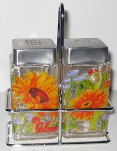 NEW SUNFLOWER SALT & PEPPER SHAKERS Flower with Caddy  