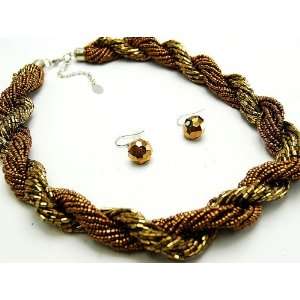  Brown Twisted Seed Bead Necklace and Earring Set 