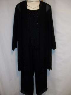   Womens Clothes 3 pc BEADED DUSTER PANT SUIT Black, NEW (#43)  