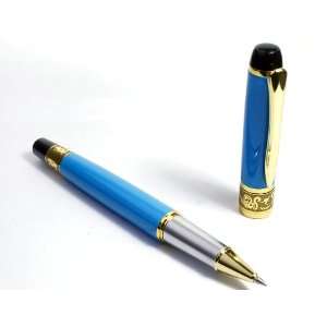   Sky Blue Golden Carved Ring Cap Roller Ball Pen