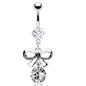   Belly Button Navel Ring Dangle Prong Set with Bow Tie and CZ Dangle