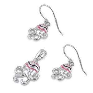   Silver Fine Triple Stripe Octopus Earring & Necklace Set Jewelry