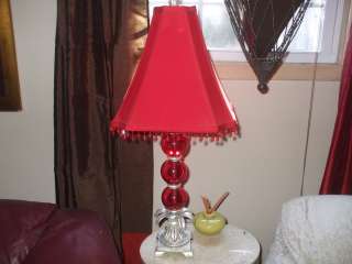 BEAUTIFUL RED GLASS & SILVER METALLIC TABLE LAMP W RED BEADED SHADE 