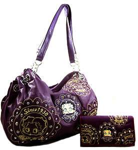   Betty Boop Western Rhinestone Stud Accent Purse Bag Wallet SET Purple